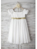 Ivory Chiffon Sequin Sash Short Sleeves Boho Knee Length Flower Girl Dress 